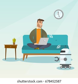 Young caucasian engineer programming a domestic personal robot on his laptop computer. Hipster engineer with beard examining newly built robot. Vector cartoon illustration. Square layout.