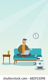 Young caucasian engineer programming a domestic personal robot on his laptop computer. Hipster engineer with beard examining newly built robot. Vector cartoon illustration. Vertical layout.