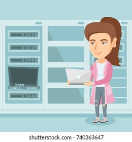 Young caucasian engineer working on a laptop in the network server room at the data centre. Female network engineer using a laptop in the server room. Vector cartoon illustration. Square layout.