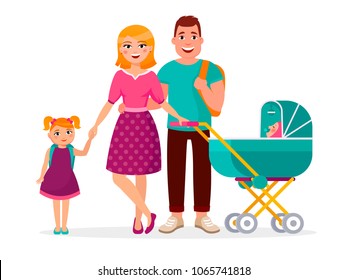 Young Caucasian family standing together isolated on white background. Cheerful parents and children and stroller cartoon characters vector flat illustration. Mother, father, daughter and son.