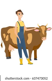 Young caucasian farmer stroking the cow. Female farmer in overalls standing near the cow. Smiling cow breeder standing in front of cow. Vector flat design illustration isolated on white background.