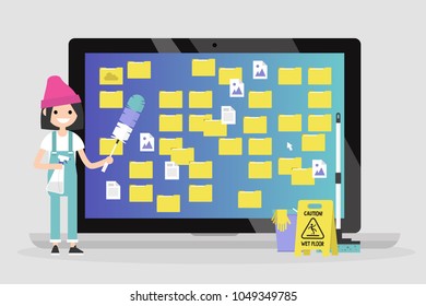 Young caucasian female character cleaning up the desktop folders. Computer files. Mess. Conceptual vector illustration, clip art