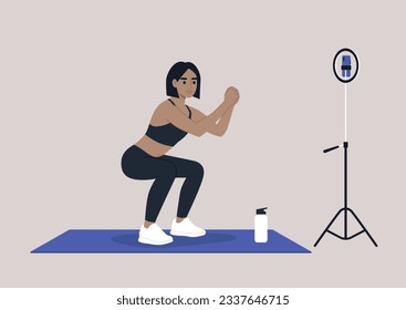 A young Caucasian female character doing squats, an online workout scene, sport outfit