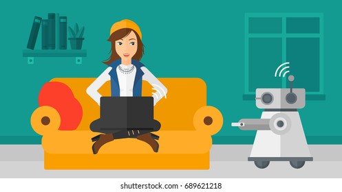 Young caucasian female engineer programming a domestic personal robot on her laptop. Female engineer examining her newly built robot. Vector flat design illustration. Horizontal layout. programmer