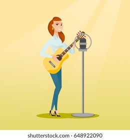 Young caucasian female guitar player singing a song and playing the acoustic guitar. Singer singing into a microphone and playing the acoustic guitar. Vector flat design illustration. Square layout.