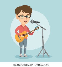 Young caucasian female guitar player singing a song and playing the acoustic guitar. Singer singing into a microphone and playing the acoustic guitar. Vector cartoon illustration. Square layout.