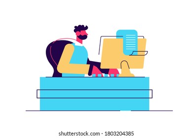 Young caucasian female journalist writing an article on a vintage typewriter. Concentrated female journalist working on retro typewriter. Vector design illustration.Square layout.