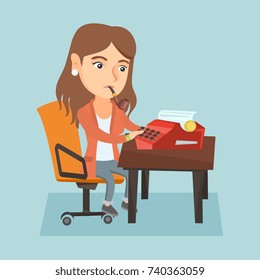 Young caucasian female journalist writing an article on a vintage typewriter and smoking a pipe. Concentrated journalist working on a retro typewriter. Vector cartoon illustration. Square layout.