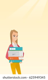 Young caucasian female woman holding a pile of educational books in hands. Student carrying huge stack of books. Student preparing for exam with books. Vector flat design illustration. Vertical layout