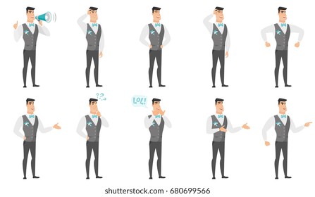 Young caucasian fiance laughing. Fiance laughing with hands on his stomach. Fiance laughing with closed eyes and open mouth. Set of vector flat design illustrations isolated on white background.