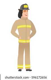 Young caucasian firefighter laughing. Firefighter laughing with hands on his stomach. Firefighter laughing with closed eyes and open mouth. Vector flat design illustration isolated on white background