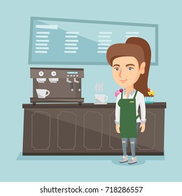 Young caucasian friendly barista standing on the background of counter with coffee machine. Smiling barista making a cup of coffee. Vector cartoon illustration. Square layout.