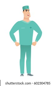 Young caucasian furious doctor in uniform screaming. Full length of furious doctor shouting. Illustration of furious doctor yelling. Vector flat design illustration isolated on white background.