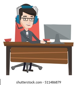 Young caucasian gamer using computer for playing games. Cheerful gamer in headphones playing online games. Man playing computer game. Vector flat design illustration isolated on white background.