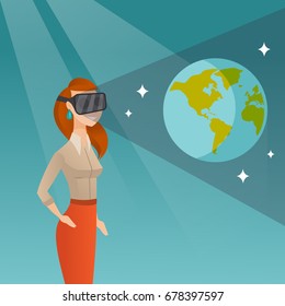 Young caucasian gamer wearing futuristic virtual reality headset and looking at open space with earth model and stars. Happy woman playing virtual game. Vector cartoon illustration. Square layout.