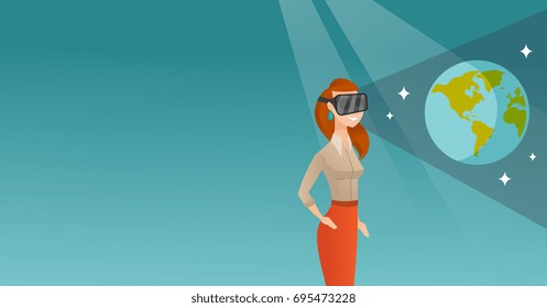 Young caucasian gamer wearing futuristic virtual reality headset and looking at open space with earth model and stars. Happy woman playing virtual game. Vector cartoon illustration. Horizontal layout.