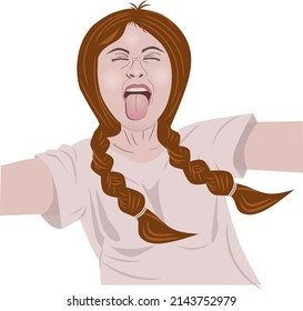 A young caucasian girl with braided longhair taking selfie with both hand while sticking out her tounge.