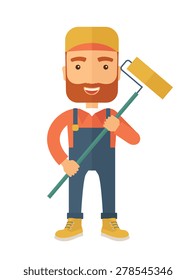 A young Caucasian glass cleaner wearing hat holding stick rubber scraper. A Contemporary style. Vector flat design illustration isolated white background. Vertical layout.