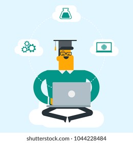 Young caucasian graduate sitting on the cloud with a laptop. Graduate using cloud computing technologies. Educational technology and cloud computing concept. Vector cartoon illustration. Square layout