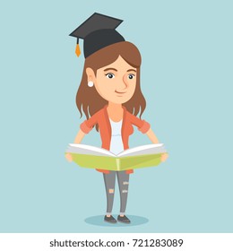 Young caucasian graduate standing with a big open book in hands. Smiling female student in graduation cap reading a book. Happy woman holding a huge book. Vector cartoon illustration. Square layout.