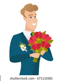 Young caucasian groom with a bridal bouquet. Merry smiling groom in a suit holding a wedding bouquet. Vector flat design illustration isolated on white background.
