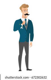 Young caucasian groom holding a fake paper moustache on a stick in front of his face. Cheerful groom with a fake mustache. Vector flat design illustration isolated on white background.