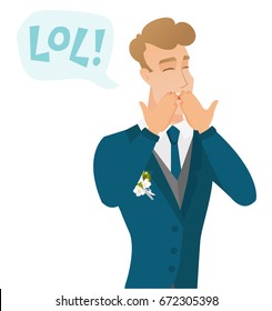 Jovem noivo caucasiano rindo alto. Remova e balão de fala com texto - lol. Noivo rindo alto e cobrindo a boca. Ilustração de design plano vetorial isolada sobre fundo branco.
