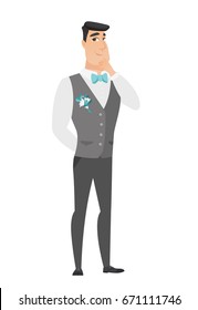 Young caucasian groom thinking. Full length of thinking groom with hand on chin. Groom in a wedding suit thinking and looking to the side. Vector flat design illustration isolated on white background.