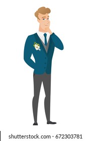 Young caucasian groom thinking. Full length of thinking groom with hand on chin. Groom in a wedding suit thinking and looking to the side. Vector flat design illustration isolated on white background.