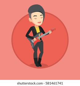 Young caucasian guitarist playing electric guitar. Girl practicing in playing guitar. Guitarist with closed eyes playing on guitar. Vector flat design illustration in the circle isolated on background