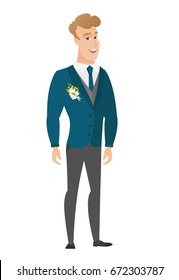 Young caucasian happy bridegroom in a wedding suit. Full length of smiling happy bridegroom posing. Illustration of happy bridegroom. Vector flat design illustration isolated on white background.