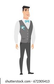 Young caucasian happy bridegroom in a wedding suit. Full length of smiling happy bridegroom posing. Illustration of happy bridegroom. Vector flat design illustration isolated on white background.