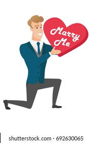 Young caucasian happy man kneeling and making a marriage proposal. Smiling man kneeling and holding valentine card with text marry me. Vector flat design illustration isolated on white background.