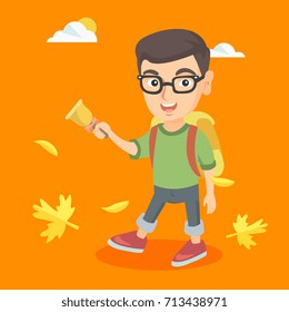 Young caucasian happy pupil ringing the school bell. Smiling cheerful pupil going to school with bell and backpack. Concept of back to school. Vector sketch cartoon illustration. Square layout.