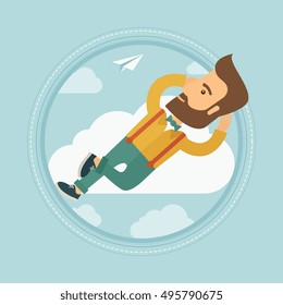 Young caucasian hipster businessman with beard lying on a cloud and looking at flying paper plane. Business man relaxing on cloud. Vector flat design illustration in the circle isolated on background.