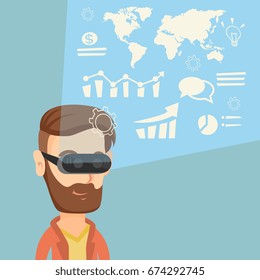 Young caucasian hipster businessman wearing virtual reality headset, looking at the digital display with business graphs and analyzing virtual data. Vector flat design illustration. Square layout.