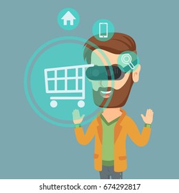 Young caucasian hipster man with beard wearing virtual reality headset and looking at shopping cart icon. Virtual reality and shopping online concept. Vector flat design illustration. Square layout.