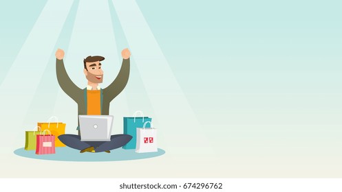 Young caucasian hipster man with beard using laptop for online shopping. Man with arms up sitting among shopping bags. Man buying purchases online. Vector flat design illustration. Horizontal layout.