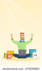 Young caucasian hipster man with beard using laptop for online shopping. Man with arms up sitting among shopping bags. Man buying purchases online. Vector flat design illustration. Vertical layout.