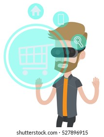 Young caucasian hipster man wearing virtual reality headset and looking at shopping cart icon. Virtual reality, shopping online concept. Vector flat design illustration isolated on white background.