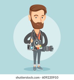 Young caucasian hipster photographer with many photo cameras equipment. Cheerful paparazzi with many cameras. Professional journalist with many cameras. Vector flat design illustration. Square layout.