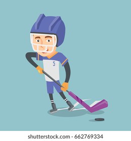 Young caucasian ice hockey player skating on the ice rink with a stick. Full length of smiling sportsman in uniform playing ice hockey. Vector flat design illustration. Square layout.