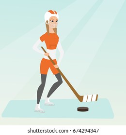 Young caucasian ice hockey player skating on the ice rink with a stick. Full length of smiling sportswoman in uniform playing ice hockey. Vector flat design illustration. Square layout.