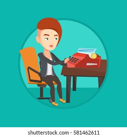 Young caucasian journalist writing an article on a vintage typewriter. Concentrated female journalist working on retro typewriter. Vector flat design illustration in the circle isolated on background.