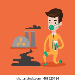 Young caucasian laboratory assistant in protective chemical suit holding a test-tube with black liquid on the background of nuclear power plant. Vector flat design illustration. Square layout.