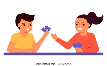 Young caucasian little children sit at table and play board game with cards at home. Children boy and girl holiday and isolation concept. Cartoon vector illustration isolated on white background