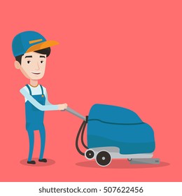 Young caucasian male cleaner with cleaning equipment. Male worker cleaning store floor with cleaning machine. Worker of cleaning services in supermarket. Vector flat design illustration. Square layout