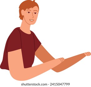 Young caucasian male stretching leg before exercise. Casual athlete performing warm-up routine. Fitness, wellness, and self-care vector illustration.