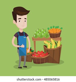 Young caucasian male supermarket worker giving thumb up while standing on the background of shelves with vegetables and fruits in supermarket. Vector flat design illustration. Square layout.