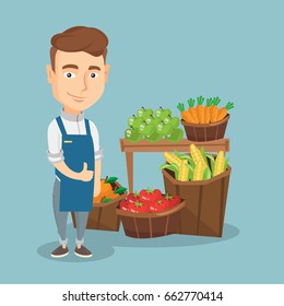Young caucasian male supermarket worker giving thumb up while standing on the background of shelves with vegetables and fruits in a supermarket. Vector flat design illustration. Square layout.